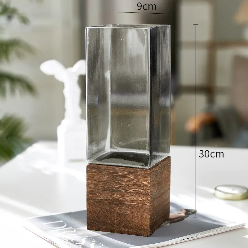 Square Glass Vase Wood Base Desk Decoration Floral Vases - shoplunaa.co