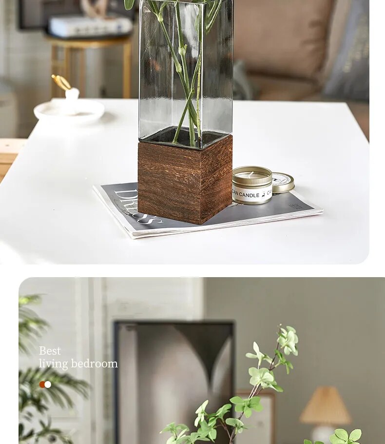 Square Glass Vase Wood Base Desk Decoration Floral Vases - shoplunaa.co