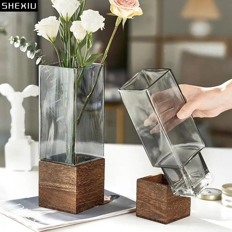 Square Glass Vase Wood Base Desk Decoration Floral Vases - shoplunaa.co
