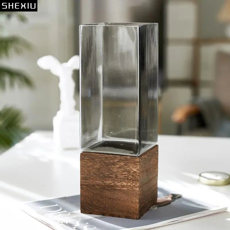 Square Glass Vase Wood Base Desk Decoration Floral Vases - shoplunaa.co