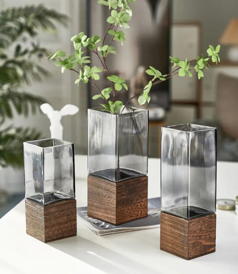 Square Glass Vase Wood Base Desk Decoration Floral Vases - shoplunaa.co