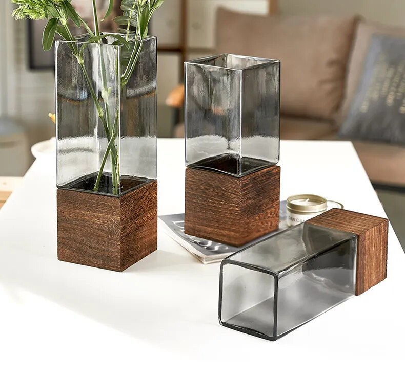 Square Glass Vase Wood Base Desk Decoration Floral Vases - shoplunaa.co
