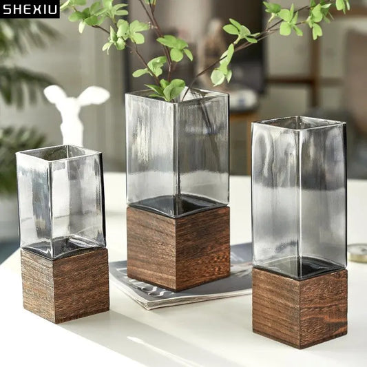 Square Glass Vase Wood Base Desk Decoration Floral Vases - shoplunaa.co