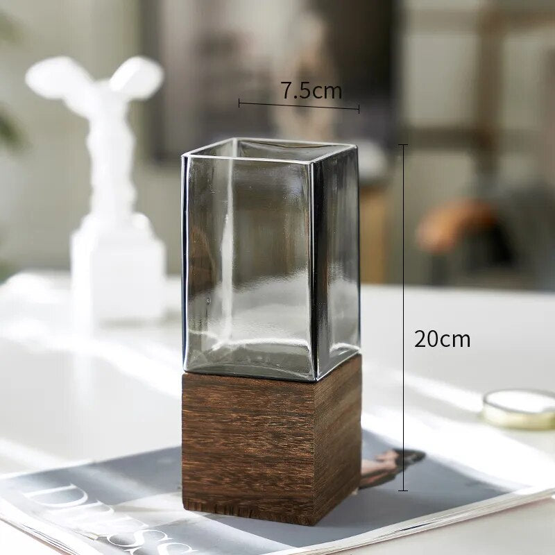 Square Glass Vase Wood Base Desk Decoration Floral Vases - shoplunaa.co