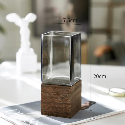 Square Glass Vase Wood Base Desk Decoration Floral Vases - shoplunaa.co