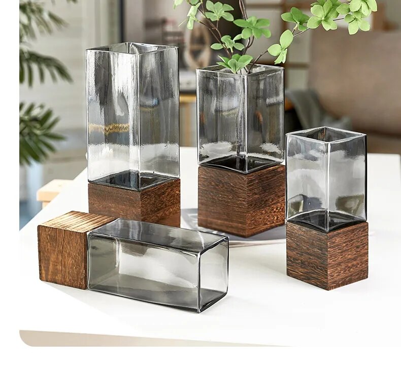 Square Glass Vase Wood Base Desk Decoration Floral Vases - shoplunaa.co