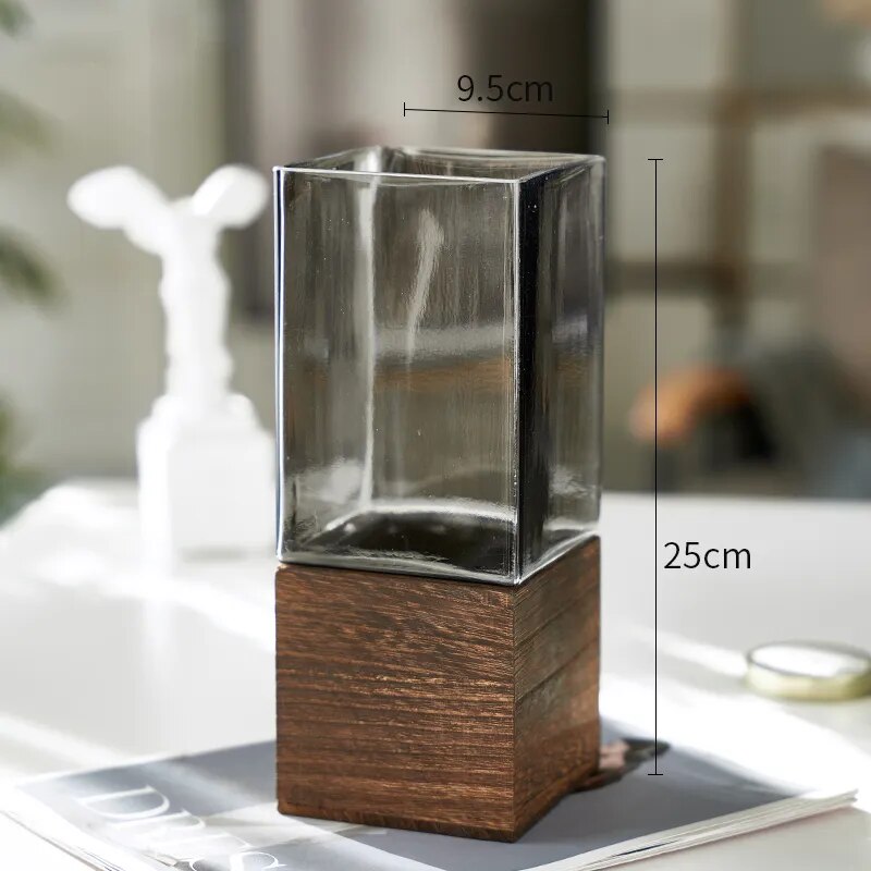 Square Glass Vase Wood Base Desk Decoration Floral Vases - shoplunaa.co