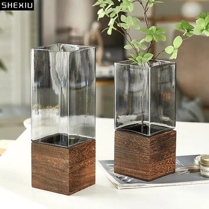 Square Glass Vase Wood Base Desk Decoration Floral Vases - shoplunaa.co
