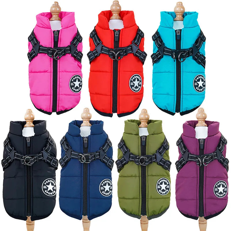 Large Dog Jacket With Harness Winter Warm Dog Clothes