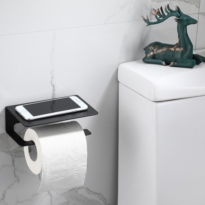 Toilet Paper Roll Holder Phone Shelf WC Tissue Storage Organizer Bathroom Accessories, Black