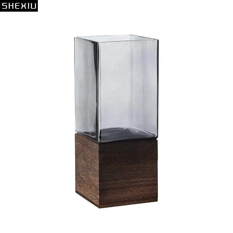 Square Glass Vase Wood Base Desk Decoration Floral Vases - shoplunaa.co