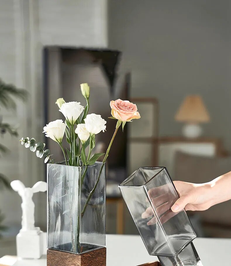 Square Glass Vase Wood Base Desk Decoration Floral Vases - shoplunaa.co
