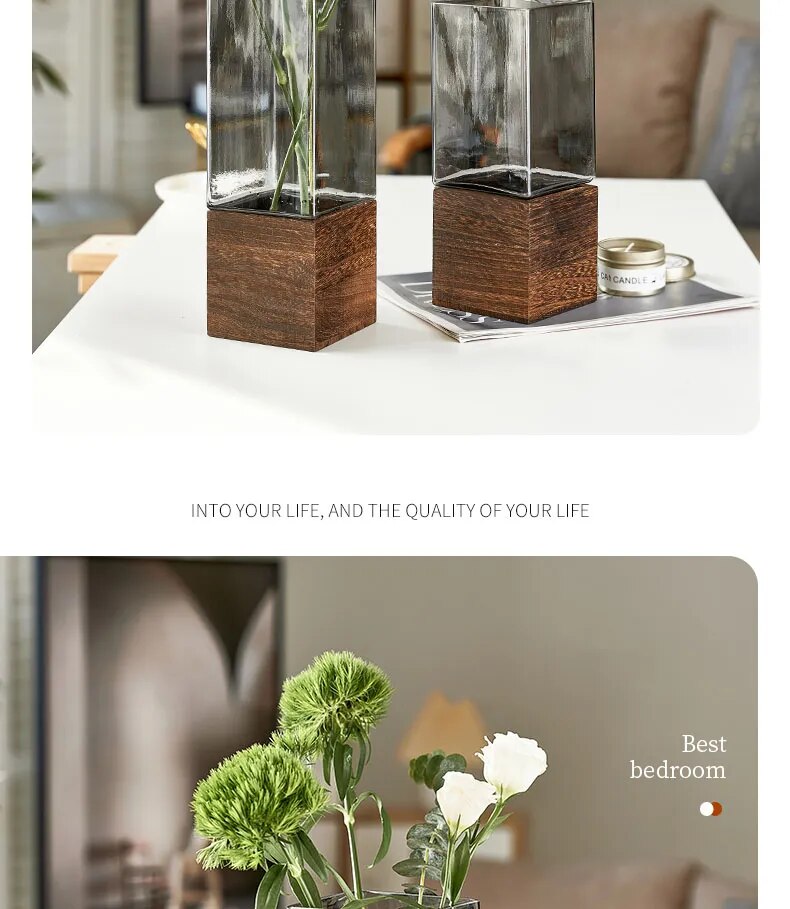 Square Glass Vase Wood Base Desk Decoration Floral Vases - shoplunaa.co
