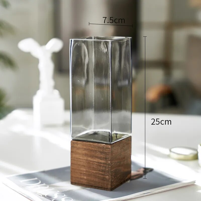 Square Glass Vase Wood Base Desk Decoration Floral Vases - shoplunaa.co