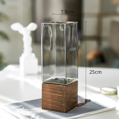 Square Glass Vase Wood Base Desk Decoration Floral Vases - shoplunaa.co