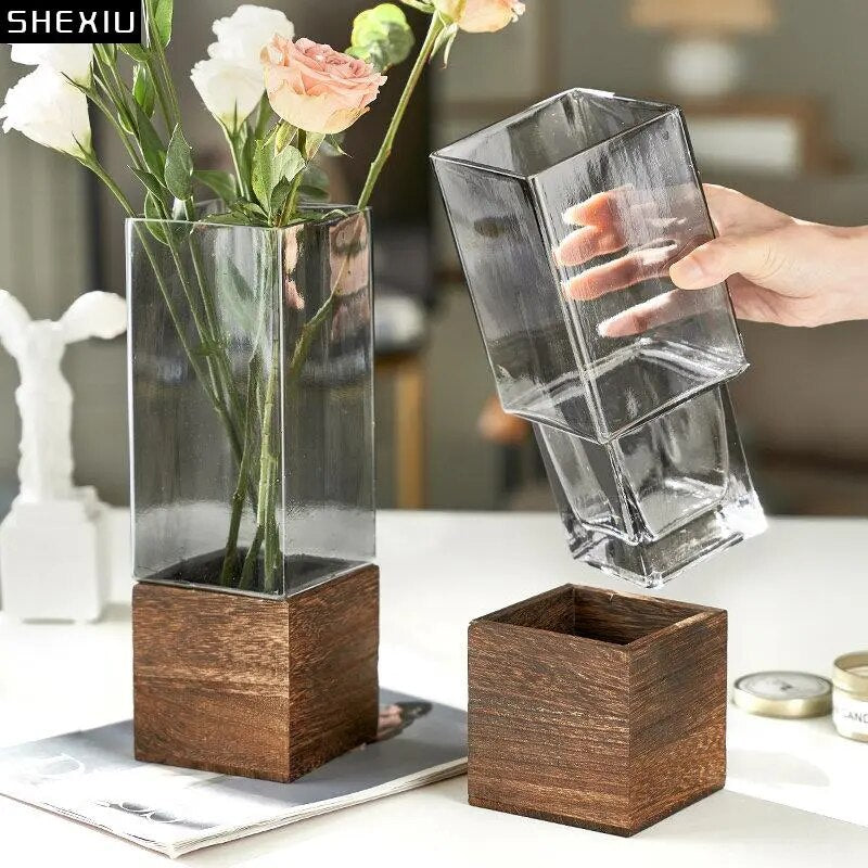 Square Glass Vase Wood Base Desk Decoration Floral Vases - shoplunaa.co