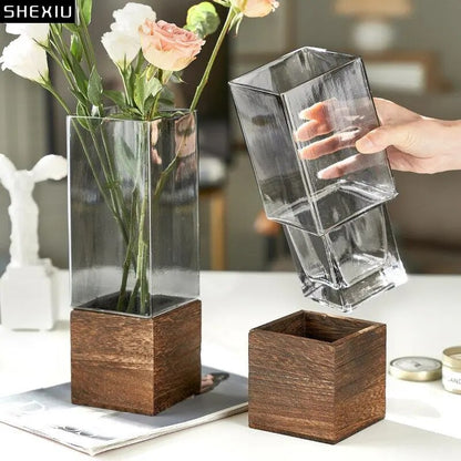 Square Glass Vase Wood Base Desk Decoration Floral Vases - shoplunaa.co